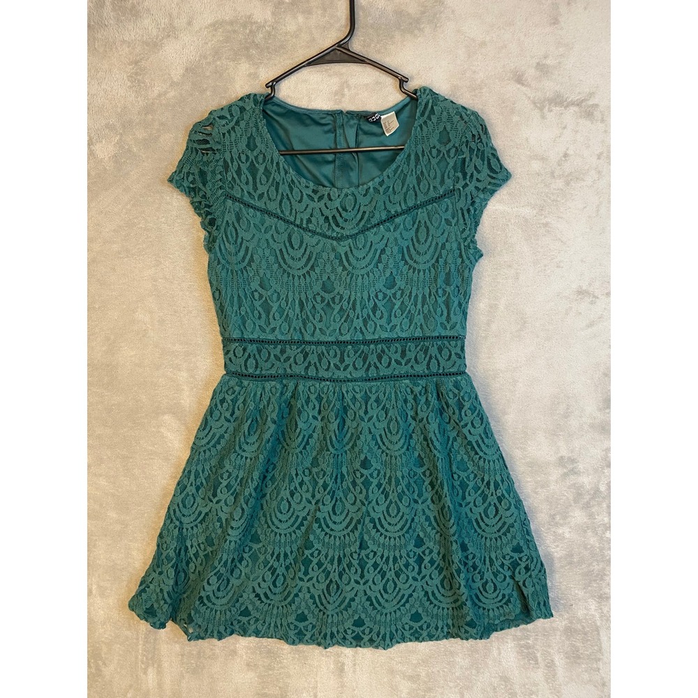 H&M Dress Womens 14 Divided Teal Lace Fit Flare Short Sleeve EUC